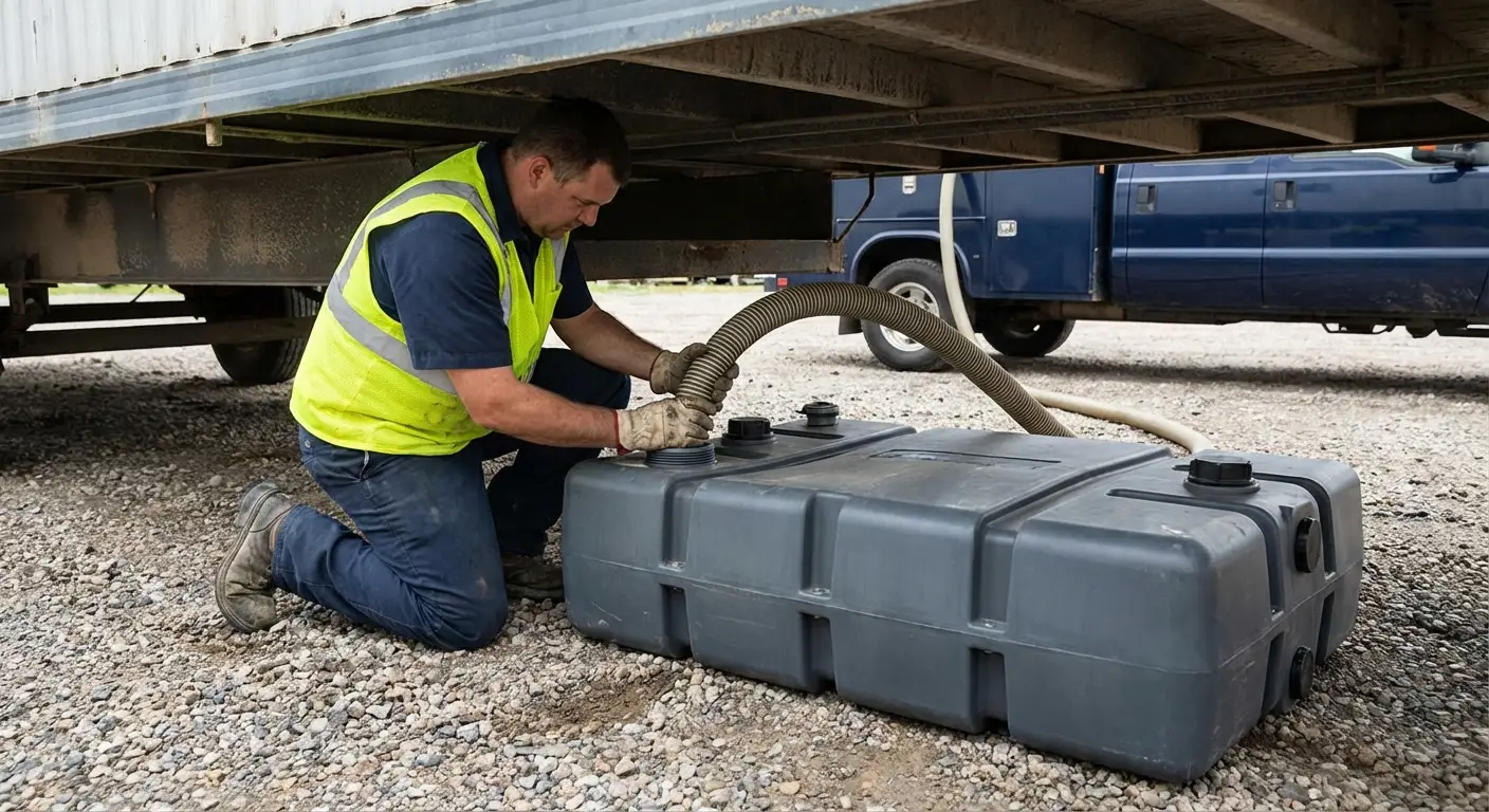 Elm City Portables vacuum truck servicing a waste holding tank at a construction site in New Haven, CT